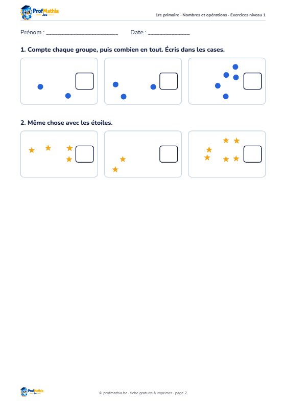 Fiche Additions simples – 1re primaire