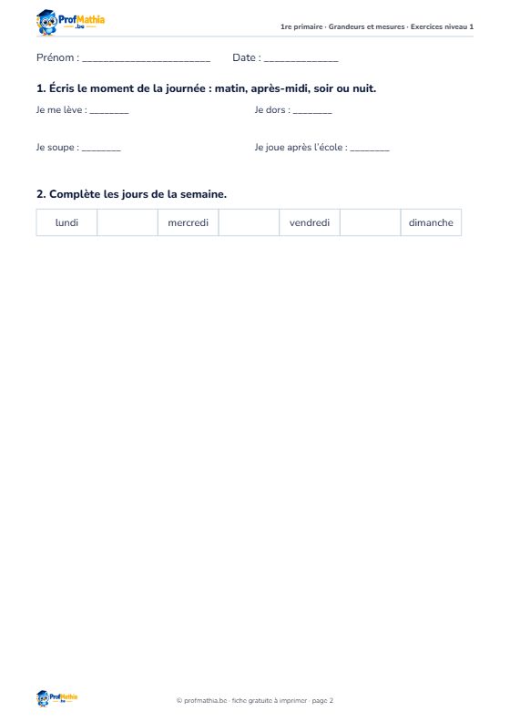 Aperçu de la fiche d’exercices Les jours et les mois – 1re primaire
