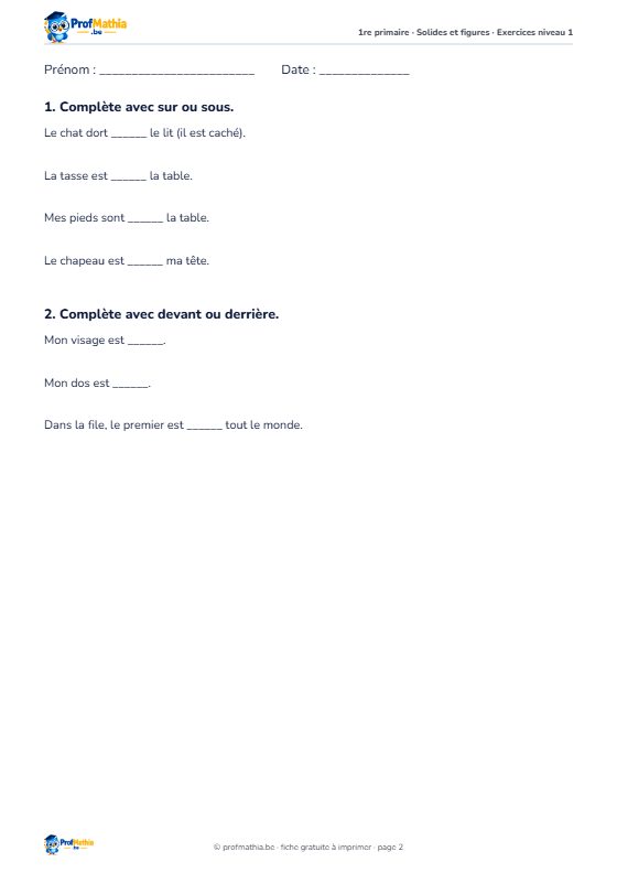 Fiche Se repérer dans l’espace – 1re primaire