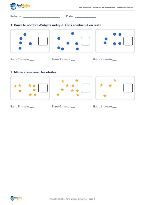 Fiche Soustractions simples – 1re primaire