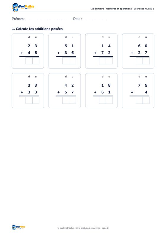 Fiche L’addition en colonnes – 2e primaire