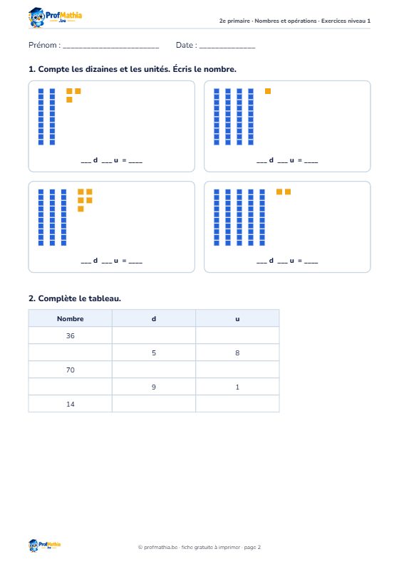 Fiche Les nombres jusqu’à 100 – 2e primaire