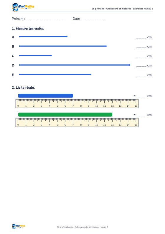 Fiche Mesurer en cm et en m – 2e primaire