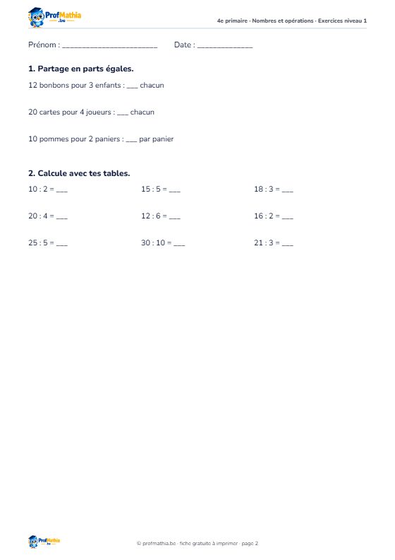 Fiche La division – 4e primaire