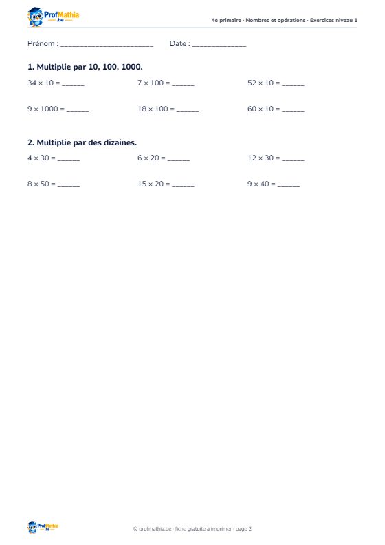 Fiche La multiplication écrite – 4e primaire