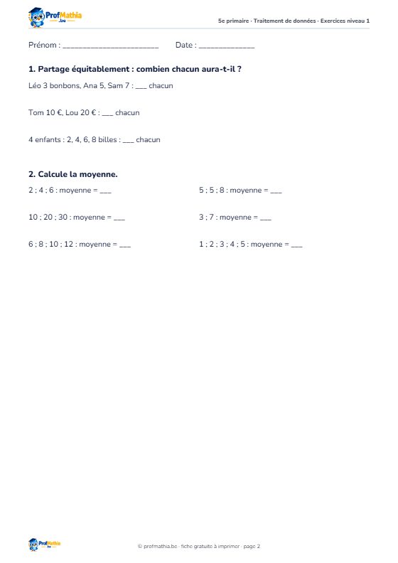 Fiche La moyenne – 5e primaire