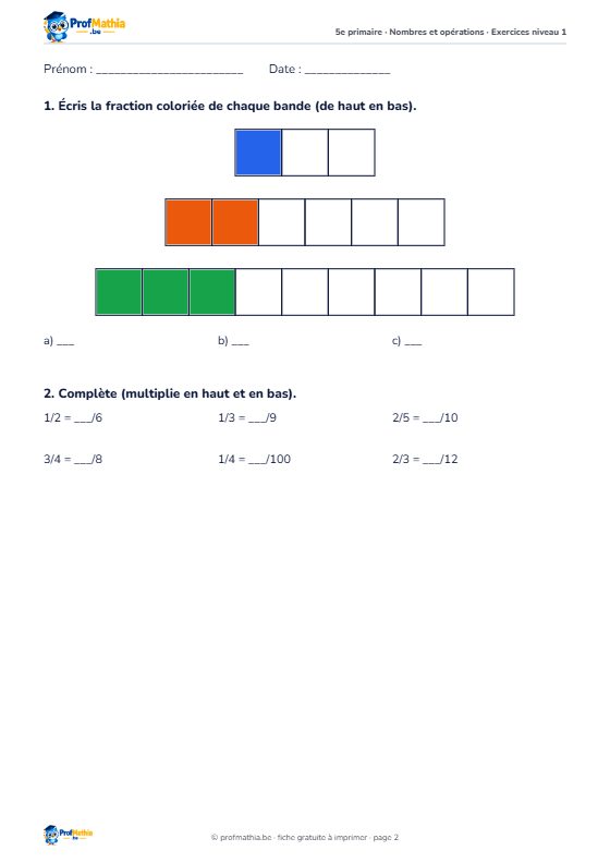 Fiche Les fractions équivalentes – 5e primaire