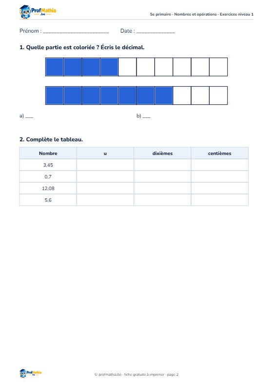 Aperçu de la fiche d’exercices Les nombres décimaux – 5e primaire