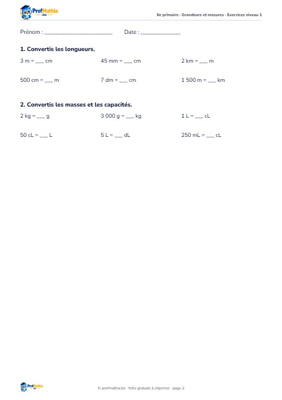Fiche Conversions et volumes – 6e primaire