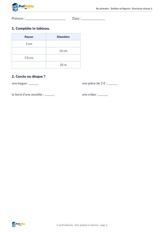 Aperçu de la fiche d’exercices Le cercle – 6e primaire