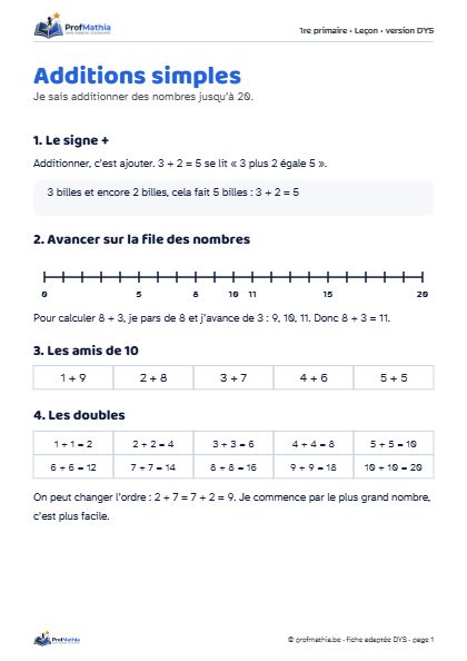 Aperçu de la fiche DYS Additions simples