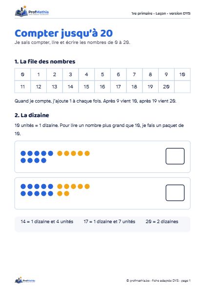 Aperçu de la fiche DYS Compter jusqu’à 20