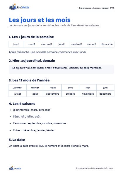 Aperçu de la fiche DYS Les jours et les mois