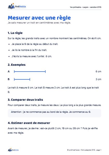 Aperçu de la fiche DYS Mesurer avec une règle