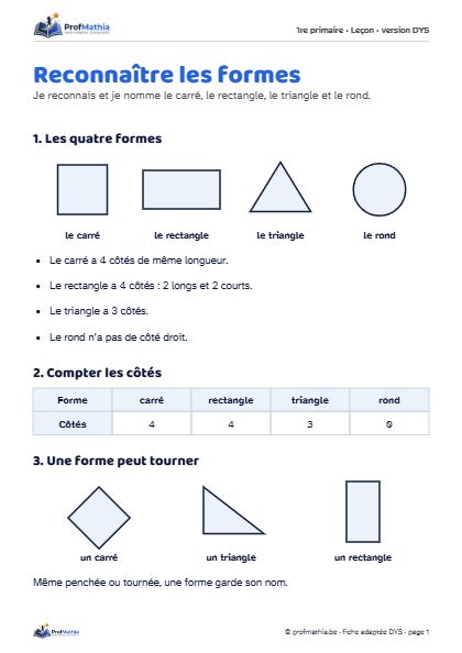 Aperçu de la fiche DYS Reconnaître les formes