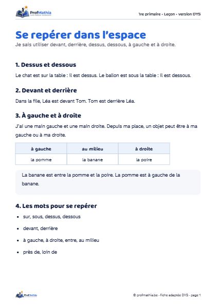 Aperçu de la fiche DYS Se repérer dans l’espace