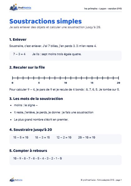 Aperçu de la fiche DYS Soustractions simples