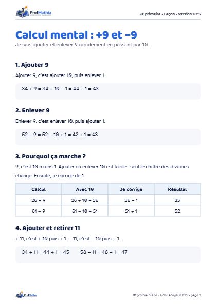 Aperçu de la fiche DYS Calcul mental