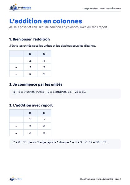 Aperçu de la fiche DYS L’addition en colonnes