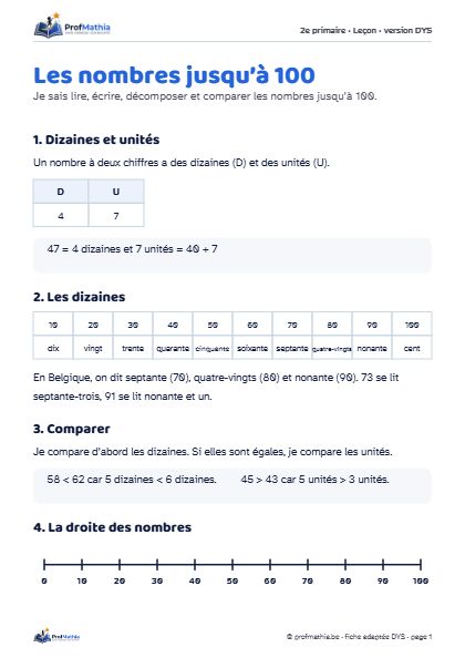 Aperçu de la fiche DYS Les nombres jusqu’à 100
