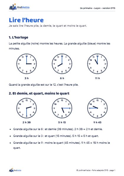 Aperçu de la fiche DYS Lire l’heure