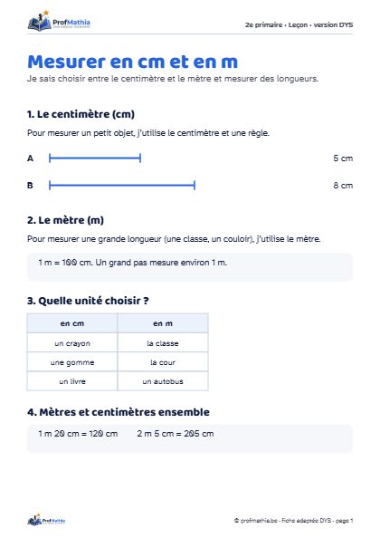 Aperçu de la fiche DYS Mesurer en cm et en m