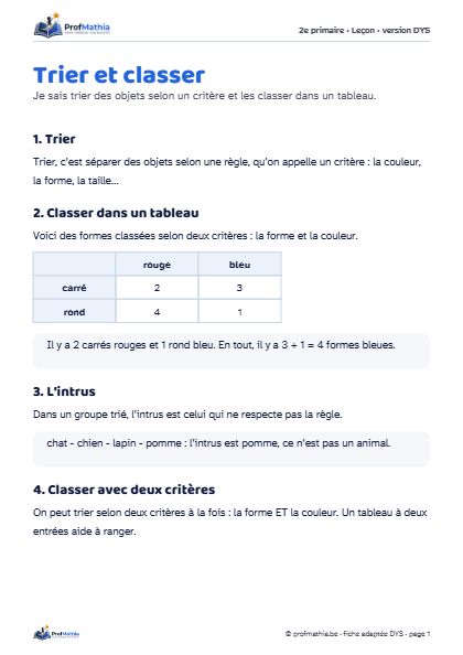 Aperçu de la fiche DYS Trier et classer