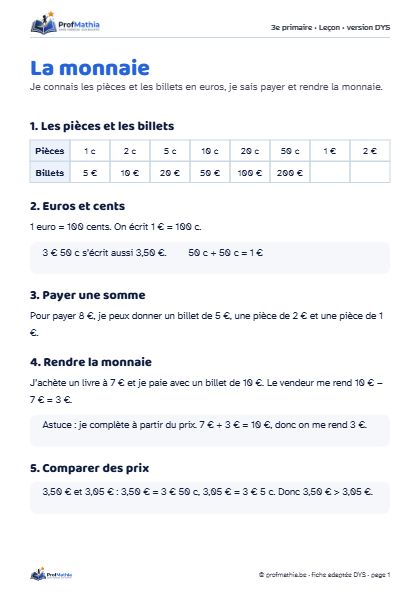 Aperçu de la fiche DYS La monnaie
