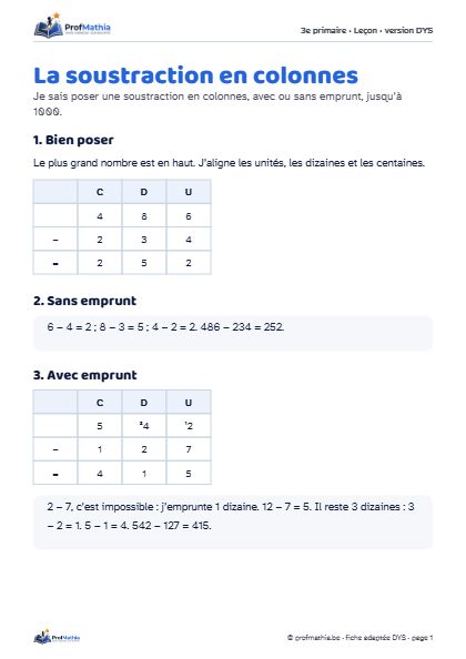 Aperçu de la fiche DYS La soustraction en colonnes
