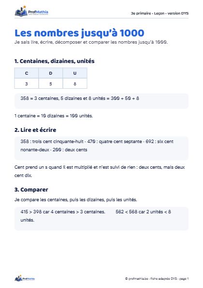 Aperçu de la fiche DYS Les nombres jusqu’à 1000