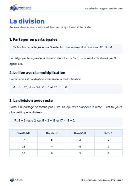 Aperçu de la fiche DYS La division