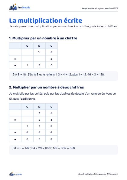 Aperçu de la fiche DYS La multiplication écrite