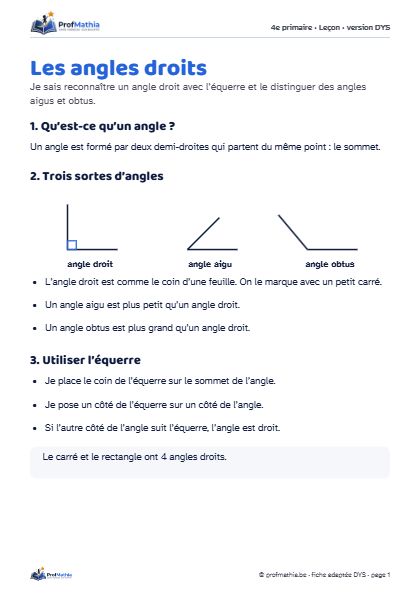 Aperçu de la fiche DYS Les angles droits