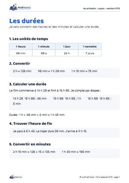 Aperçu de la fiche DYS Les durées