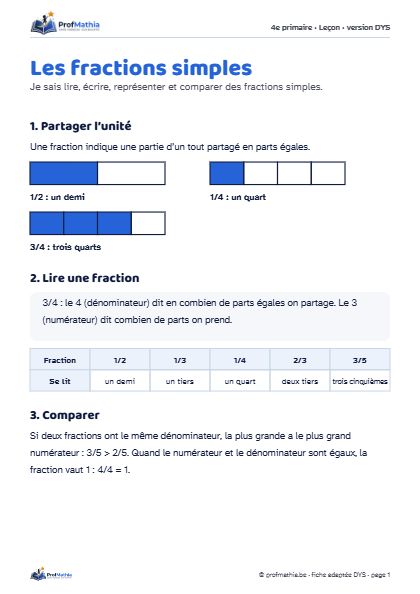Aperçu de la fiche DYS Les fractions simples