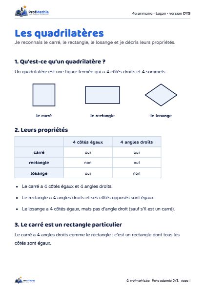 Aperçu de la fiche DYS Les quadrilatères