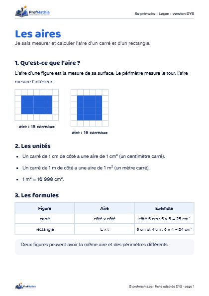 Aperçu de la fiche DYS Les aires