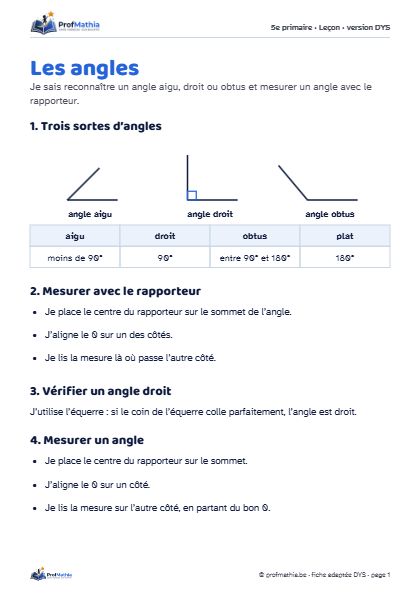 Aperçu de la fiche DYS Les angles