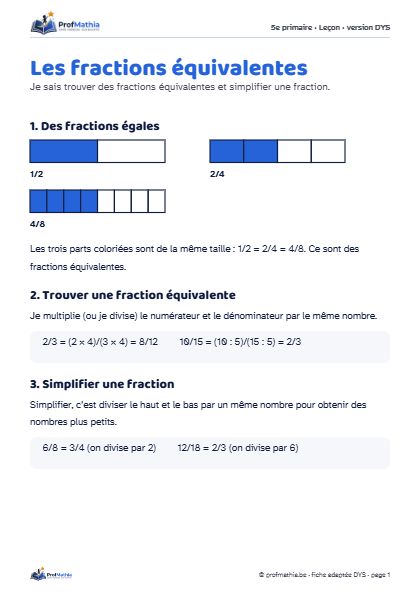 Aperçu de la fiche DYS Les fractions équivalentes