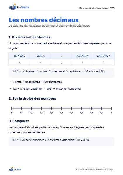 Aperçu de la fiche DYS Les nombres décimaux