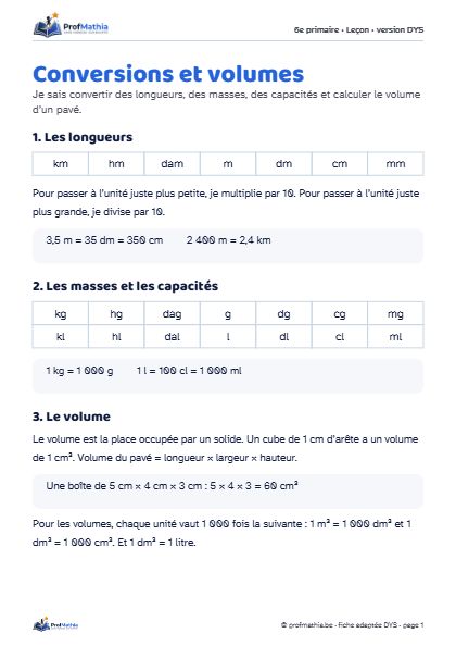 Aperçu de la fiche DYS Conversions et volumes
