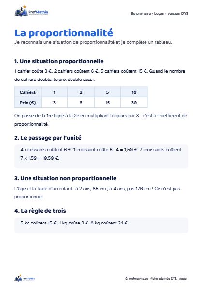 Aperçu de la fiche DYS La proportionnalité