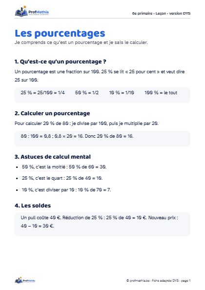 Aperçu de la fiche DYS Les pourcentages