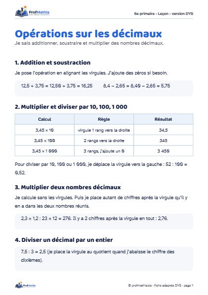 Aperçu de la fiche DYS Opérations sur les décimaux