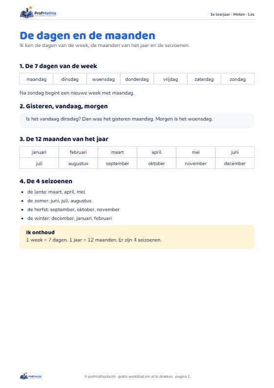 Voorbeeld van het werkblad De dagen en de maanden – 1e leerjaar