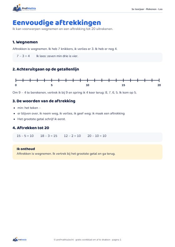 Voorbeeld van het werkblad Eenvoudige aftrekkingen – 1e leerjaar