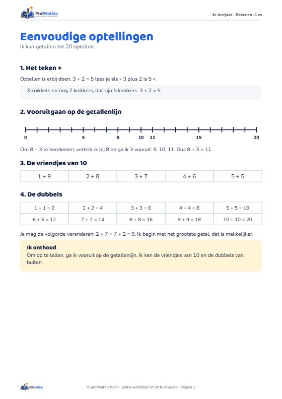 Voorbeeld van het werkblad Eenvoudige optellingen – 1e leerjaar