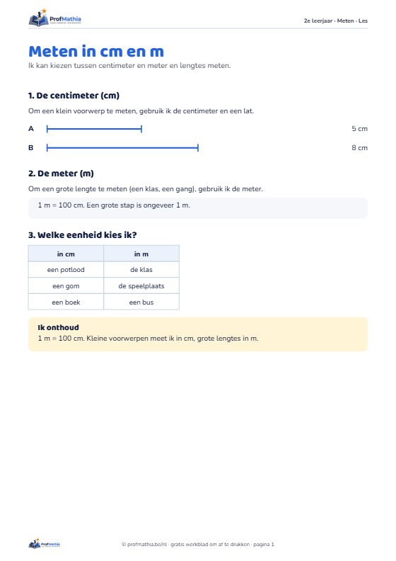 Voorbeeld van het werkblad Meten in cm en m – 2e leerjaar