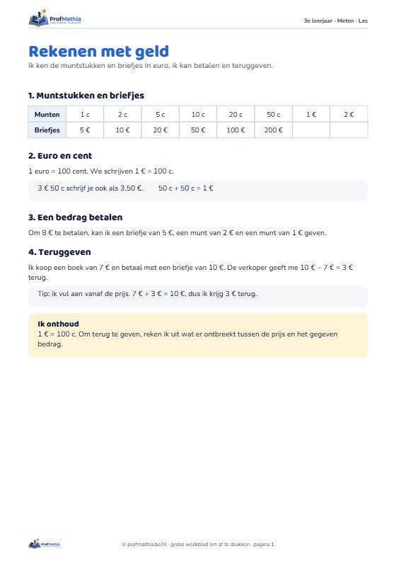 Voorbeeld van het werkblad Rekenen met geld – 3e leerjaar