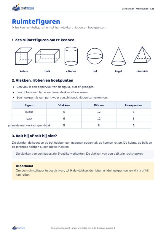 Voorbeeld van het werkblad Ruimtefiguren – 3e leerjaar